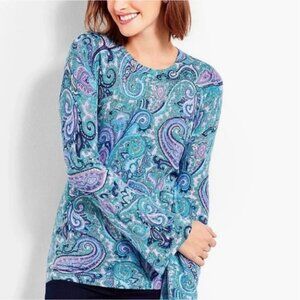 TALBOTS Merino Wool Paisley Pullover Sweater L Bell Sleeve Crew Neck Pure Merino